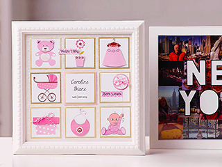 A photo frame with 9 individual full colour labels produced on the Brother Design and Craft label printer